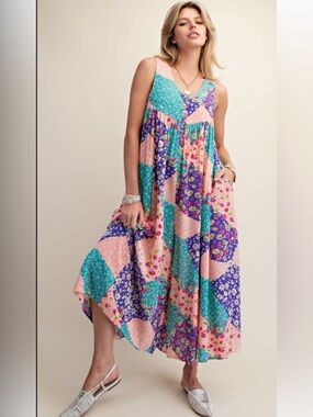 easel Sleeveless Patchwork Floral Maxi Jumpsuit in Pink, Teal & Purple